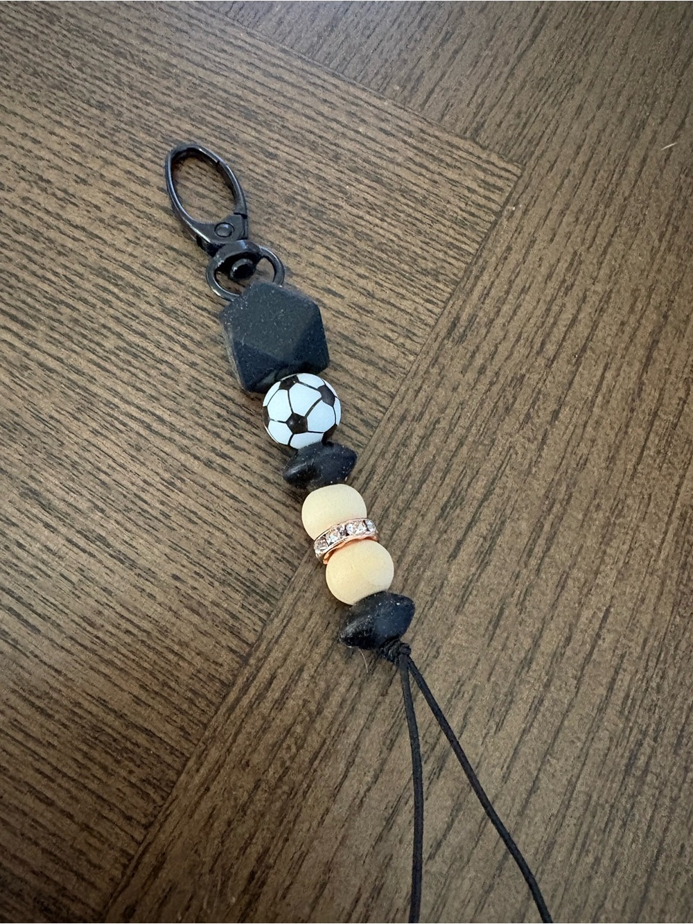 Beaded Soccer Charm Keychain - Black & Cream
